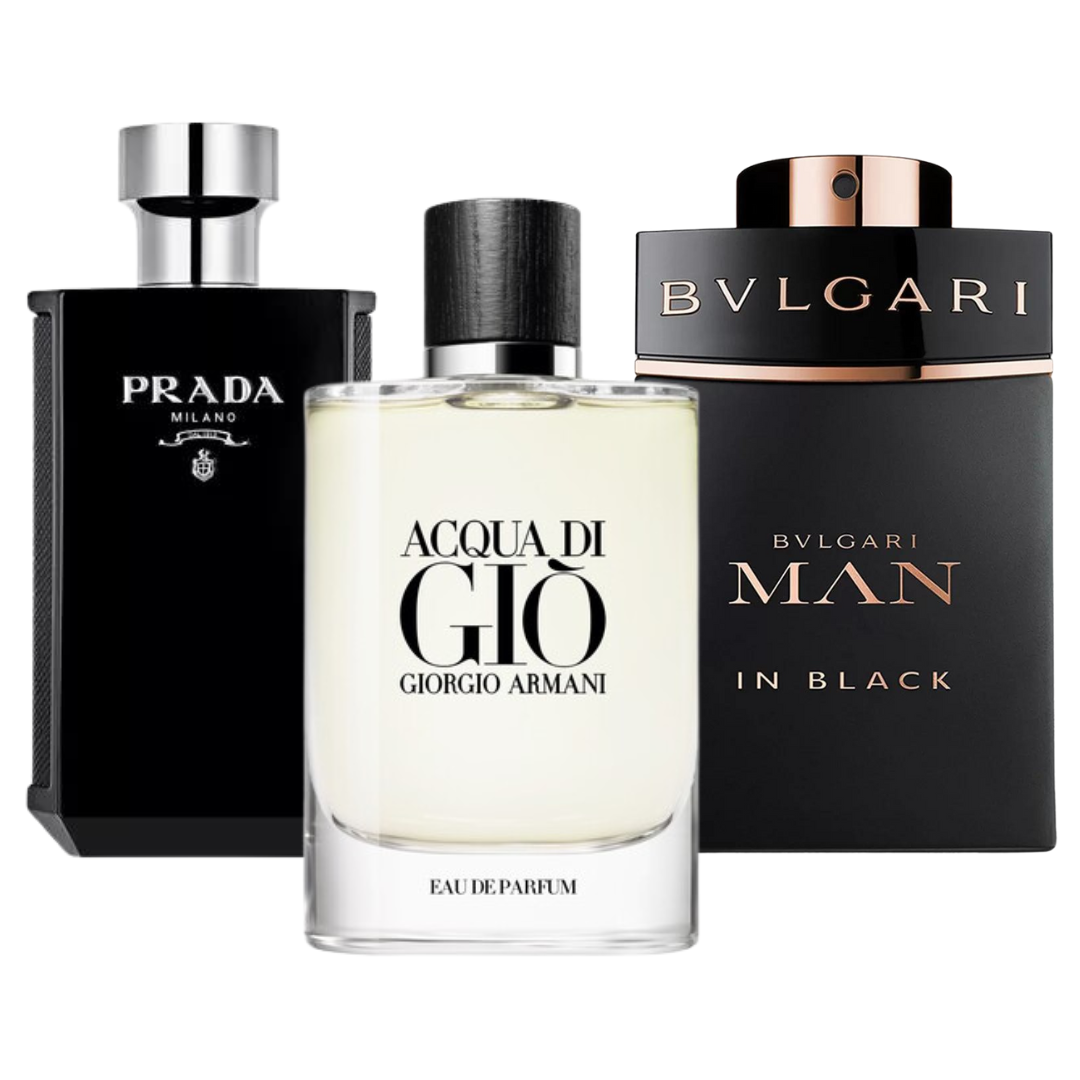 BLACK FRIDAY: Paquete de 3 perfumes Bvlgari In Black, Giorgio Armani Acqua Di Gio, y L'Homme Prada Intense 100ml