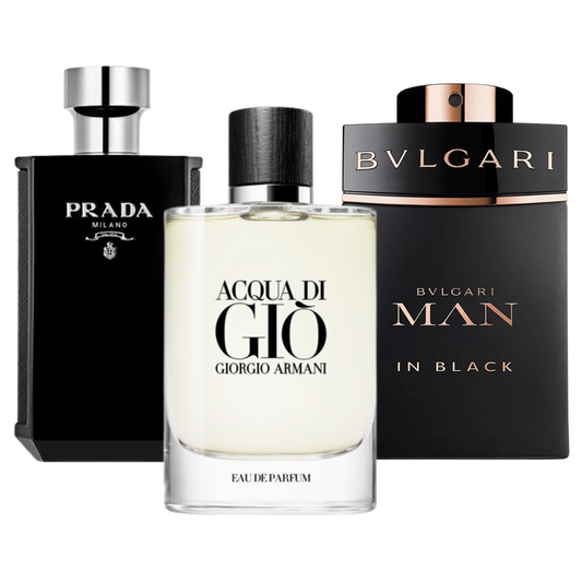 BLACK FRIDAY: Paquete de 3 perfumes Bvlgari In Black, Giorgio Armani Acqua Di Gio, y L'Homme Prada Intense 100ml